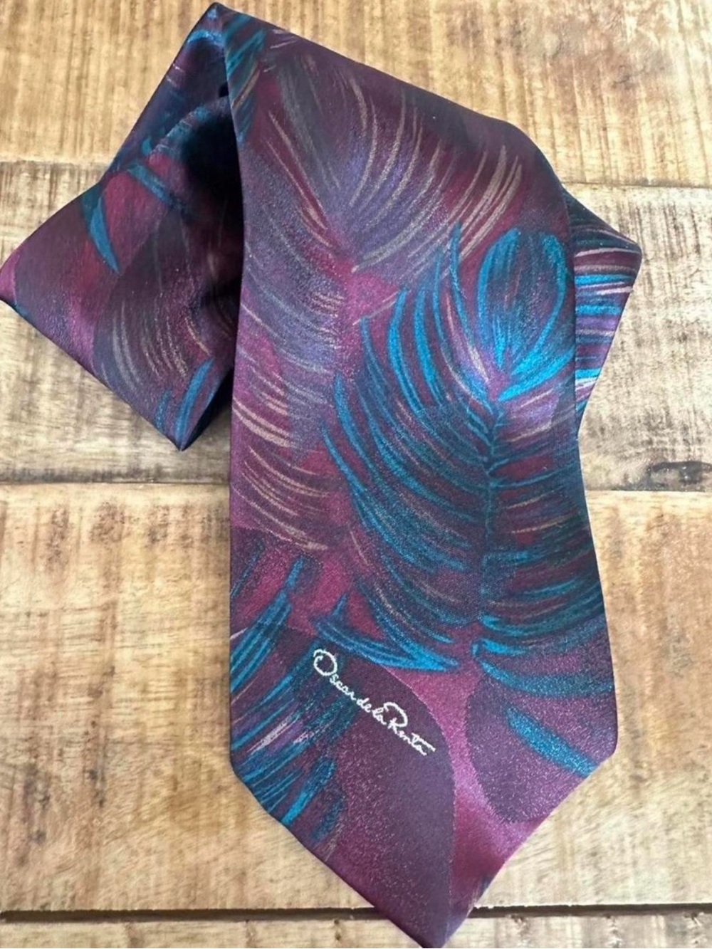 Oscar de la Renta Plum Poly/Silk Tie with Teal Feather Motif